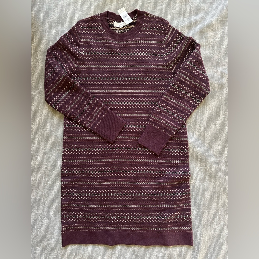 LOFT Women’s Fair Isle Sweater Dress Burgundy Metallic Thread Size Large NWT